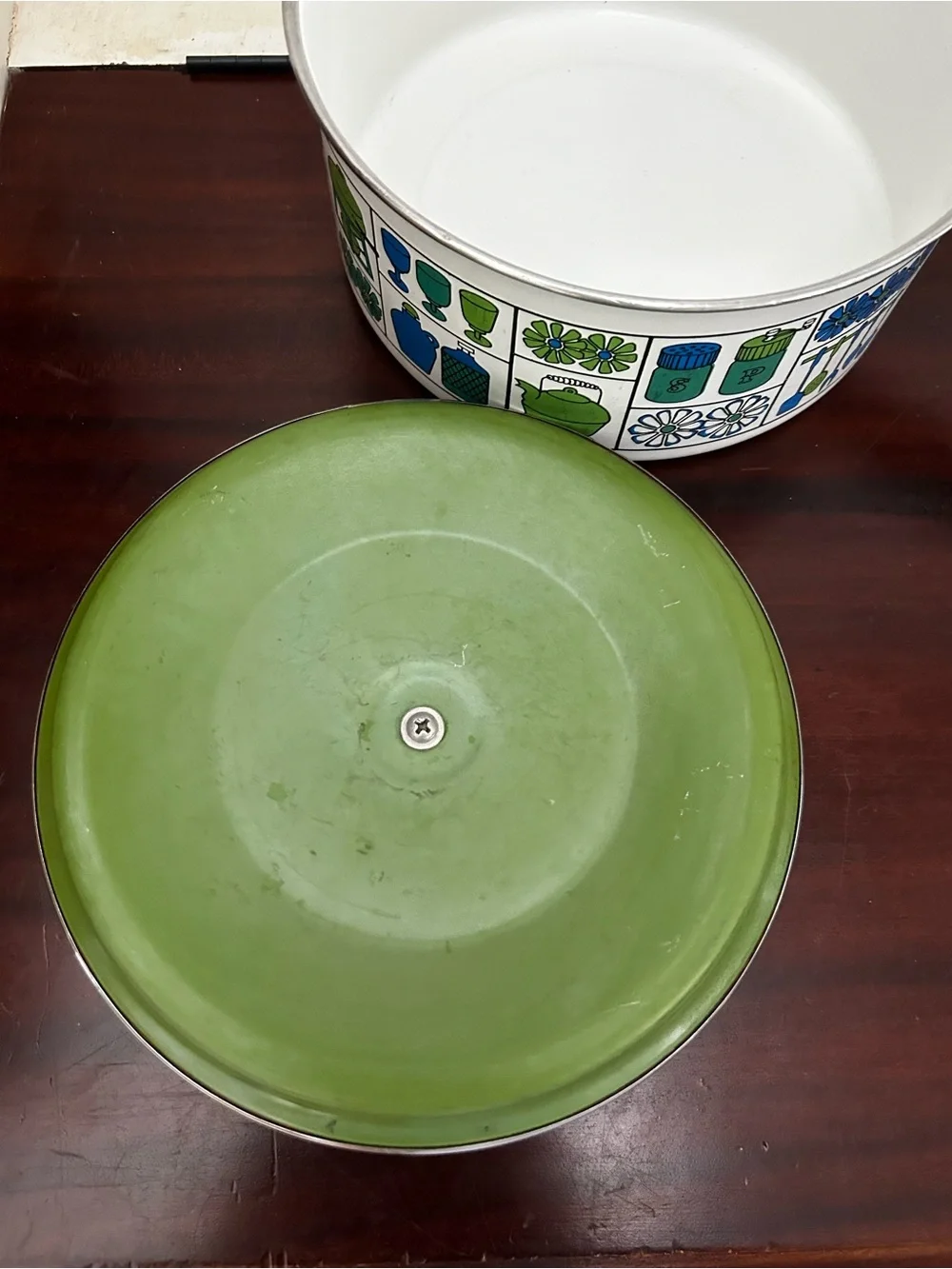 VTG Retro Enamel Danish Kitchen Saucepan Pot GHC 6.75” Green Blue Mid Century